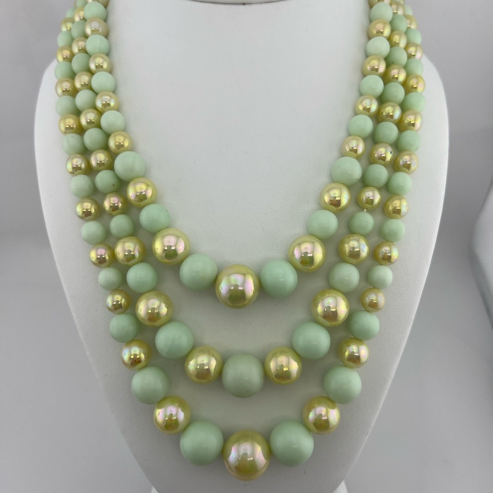Vintage 3 Strand 1950s 1960s Mint and Gold Iridescent Beaded Necklace